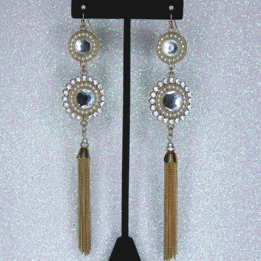 Crystal and Gold chain tassel earrings